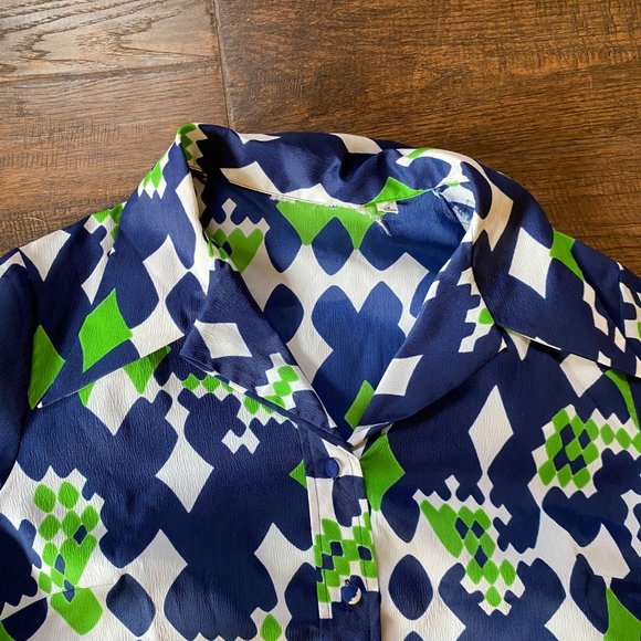 Vintage 1960s Dark Blue & Green Mod Abstract Midi Shift Shirt Collar Dress - Picture 5 of 7